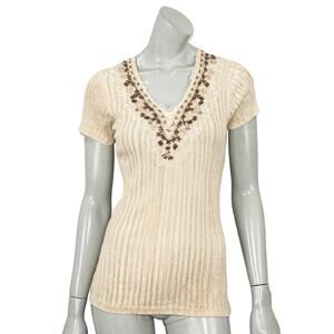 David Cline Embellished Vneck Tee Shirt Cotton Women's Large